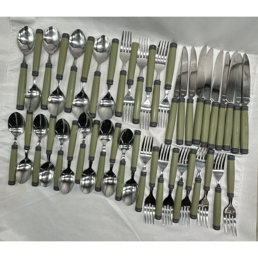 Pfaltzgraff SPHERE Stainless Plastic Charcoal Green Flatware Set Flaws 46 Pieces